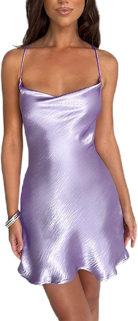 Satin Drape Sleeveless Strappy Mini Dress Sexy Dress Low-Cut A-line Bodycon Dress Night Club Dres... | Amazon (US)