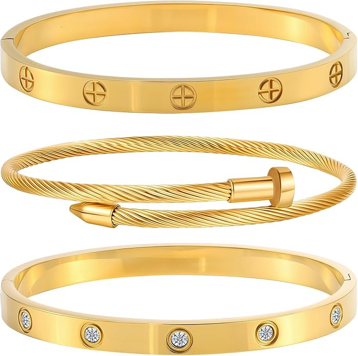 Gold Bracelets for Women - Stackable Bangles with Friendship & Love Theme - Stainless Steel Jewel... | Amazon (US)