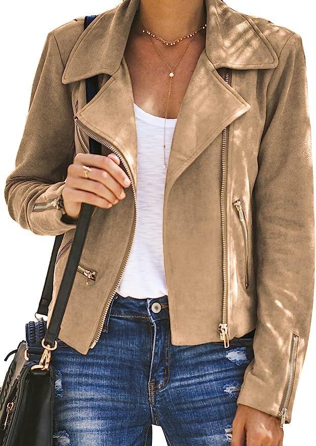 ROSKIKI Women's Faux Suede Moto Biker Short Coat Jacket | Amazon (US)