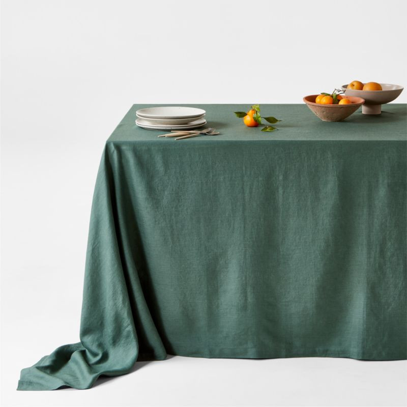 Marin Pine Green Oversized European Flax -Certified Linen Tablecloth + Reviews | Crate & Barrel | Crate & Barrel