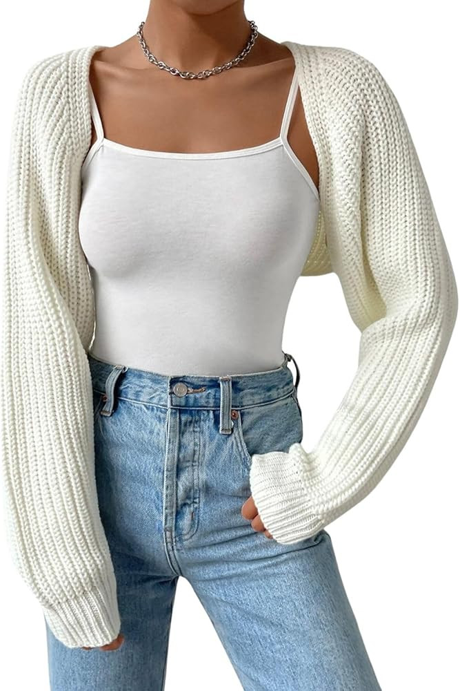 Women Open Front Ribbed Knit Crop Bolero Drop Shoulder Long Sleeve Solid Loose Fit Knitted Crop C... | Amazon (US)