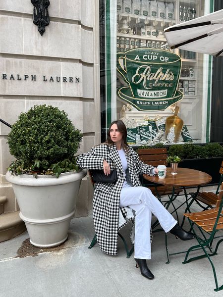 All white outfit with houndstooth coat! Wearing a size S in everything. 