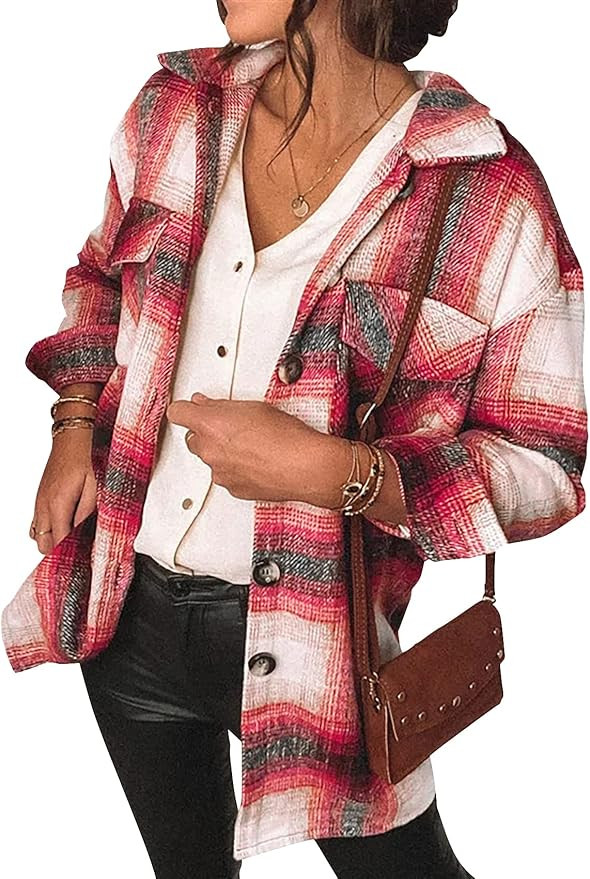 Gafeng Womens Plaid Shacket Flannel Shirt Jacket Long Sleeve Button Down Casual Oversize Boyfrien... | Amazon (US)