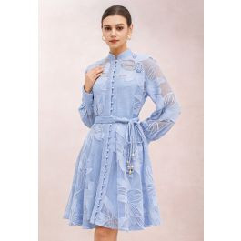 Embroidered Floral Belted Fishnet Midi Dress in Blue | Chicwish