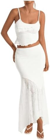 Milumia Women's 2 Piece Outfits Ruffle Trim Cami Crop Top and Low Rise Maxi Skirt Set | Amazon (US)