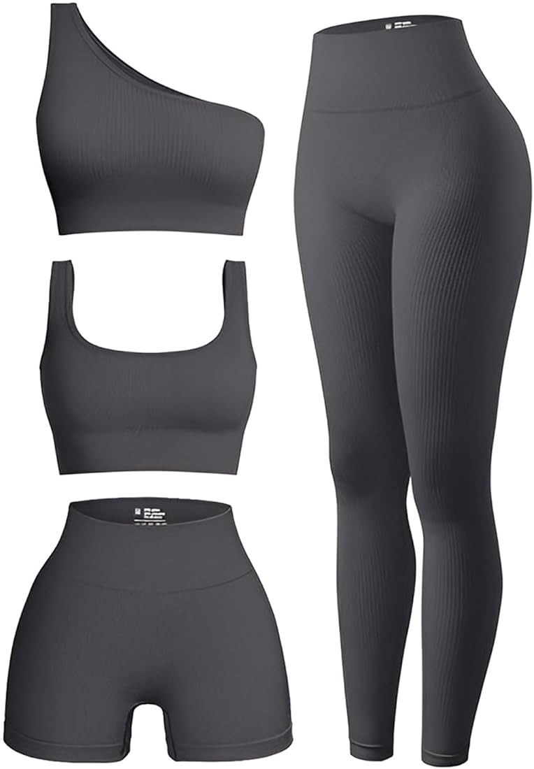 4 Piece Workout Sets For Women Ribbed Leggings Clothes Yoga Sets Active Wear Matching Work Out Se... | Amazon (US)