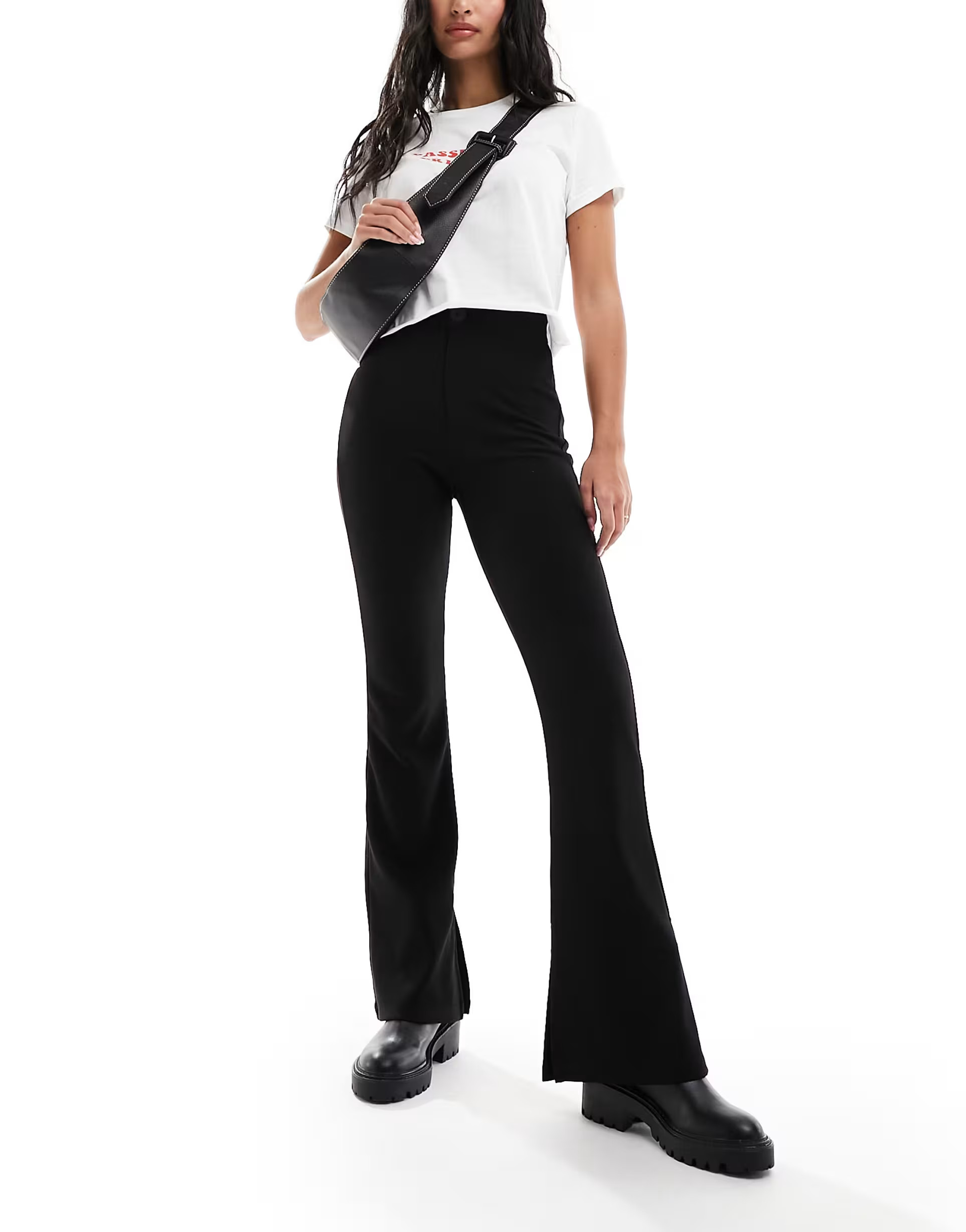 ASOS DESIGN split hem ottoman rib flared trouser in black | ASOS (Global)