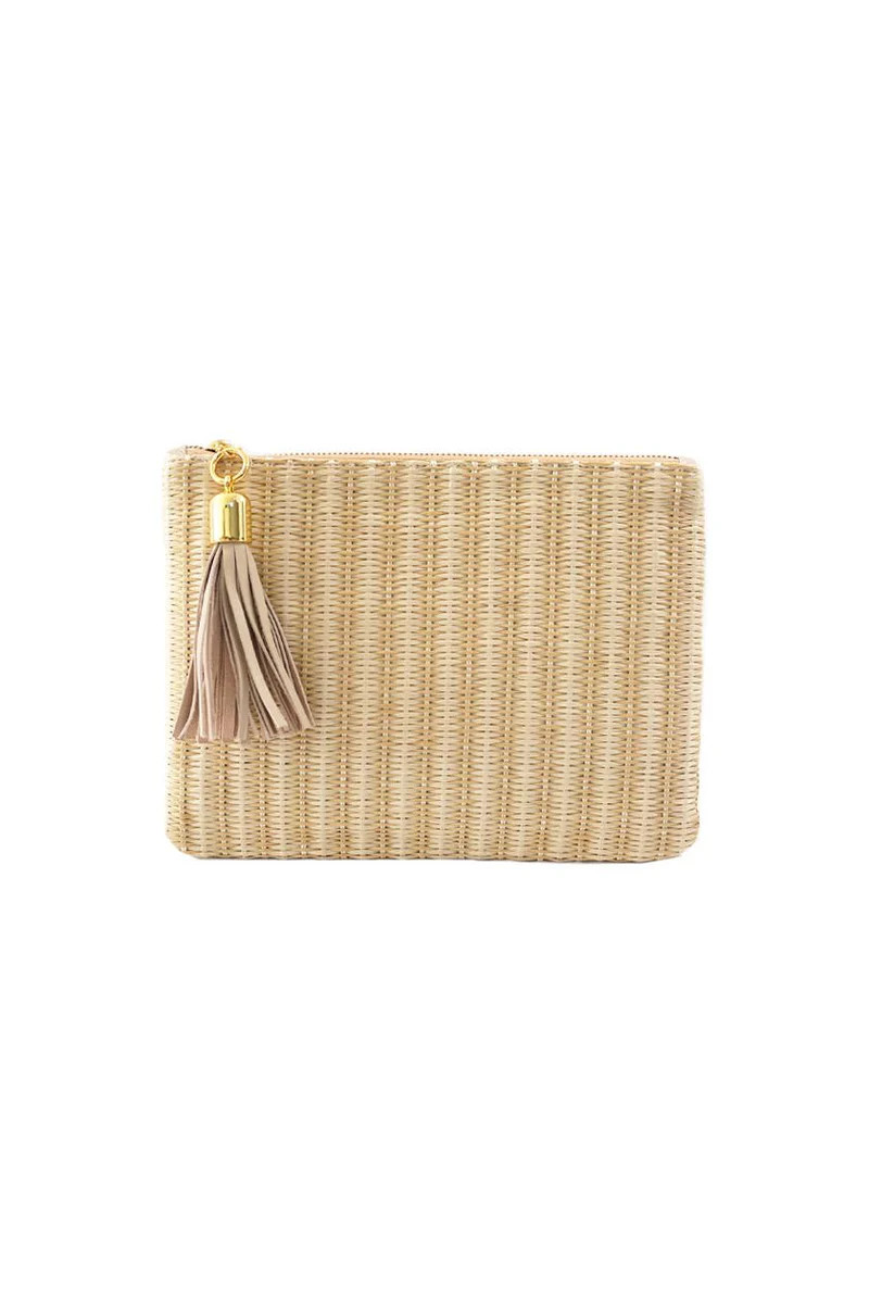 Shaker Tan Weave Raffia Tassel Clutch | CARRIE DUNHAM