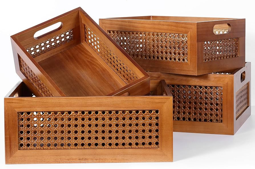 Wooden Storage Basket Set of 4 Handmade Rattan Drawer Storage Box with Frame & Handles Decorative... | Amazon (US)