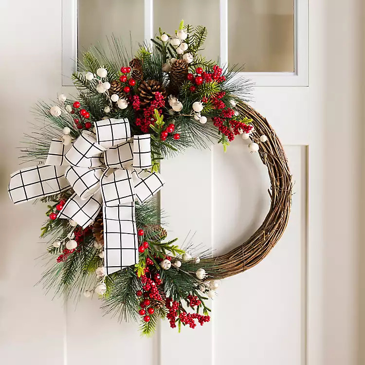 Windowpane Plaid Berry Bow Wreath | Kirklands