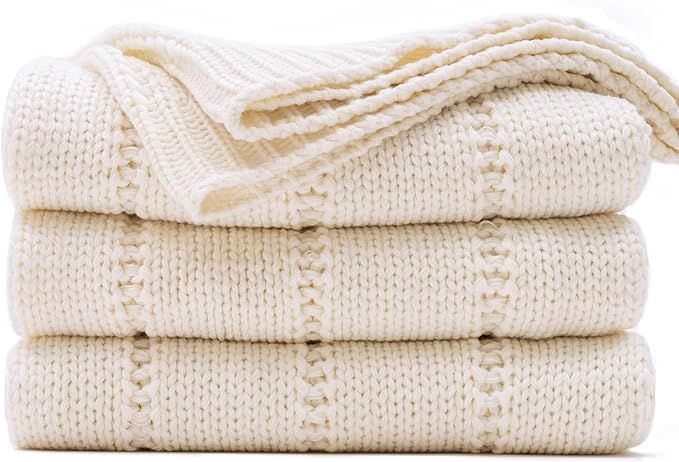 RECYCO Cable Knit Cream White Throw Blanket Twin Size for Couch, Super Soft Warm Cozy Decorative ... | Amazon (US)