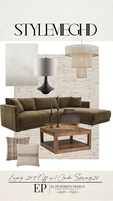 Sectional
Artwork
Table lamp
Pendant light
Coffee table
Throw pillows
Candle holder
Tray
Vase
Area rug 

#LTKhome