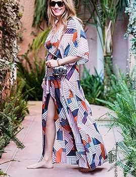 Short Sleeve Geometric Kaftan Dresses Women Loose Beach Robe Swimwear Cover Ups | Amazon (US)