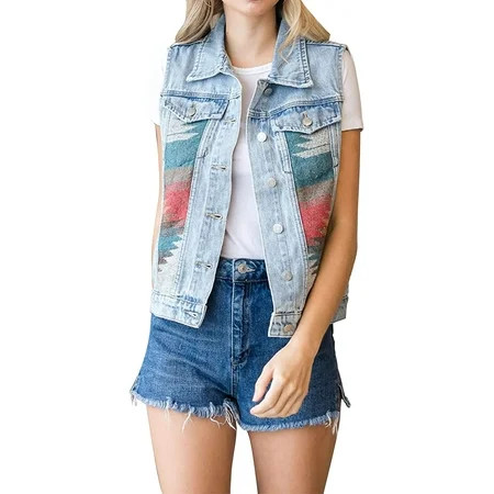 Women s Girls Distressed Sleeveless Button Up Cropped Jean Denim Jacket Vest | Walmart (US)