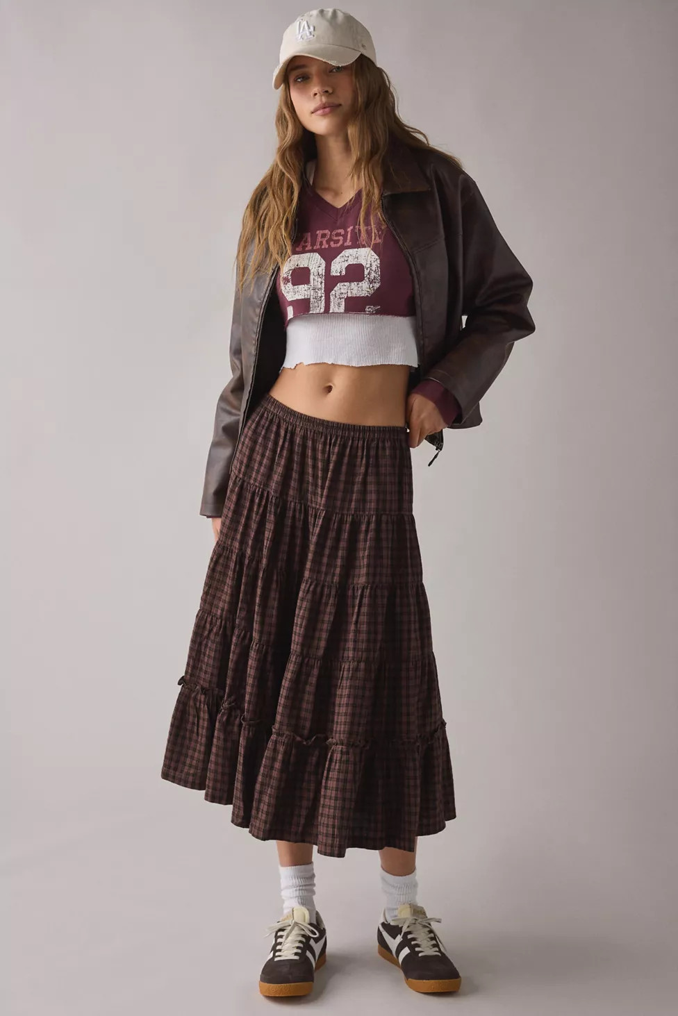 Kimchi Blue Betty Brown Plaid Tiered Midi Skirt | Urban Outfitters (US and RoW)
