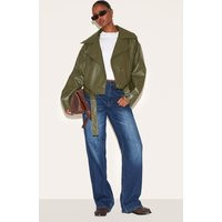 Dark Khaki Faux Leather Belted Relaxed Fit Biker Jacket | PrettyLittleThing US