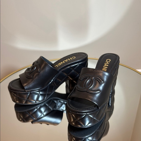 Chanel Dad 25A Quilted Lambsin leather Platform Wedge Sandals size 37 | Poshmark