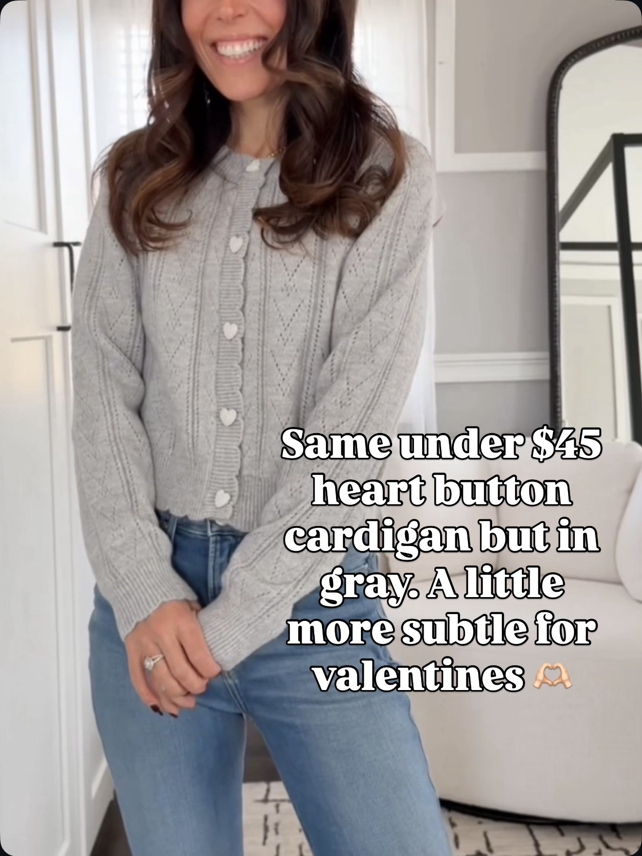 Same heart button cardigan under $45, just a little more subtle in gray 🤍 🔗⬇️

#LTKFindsUnder50 #LTKSeasonal #LTKOver40