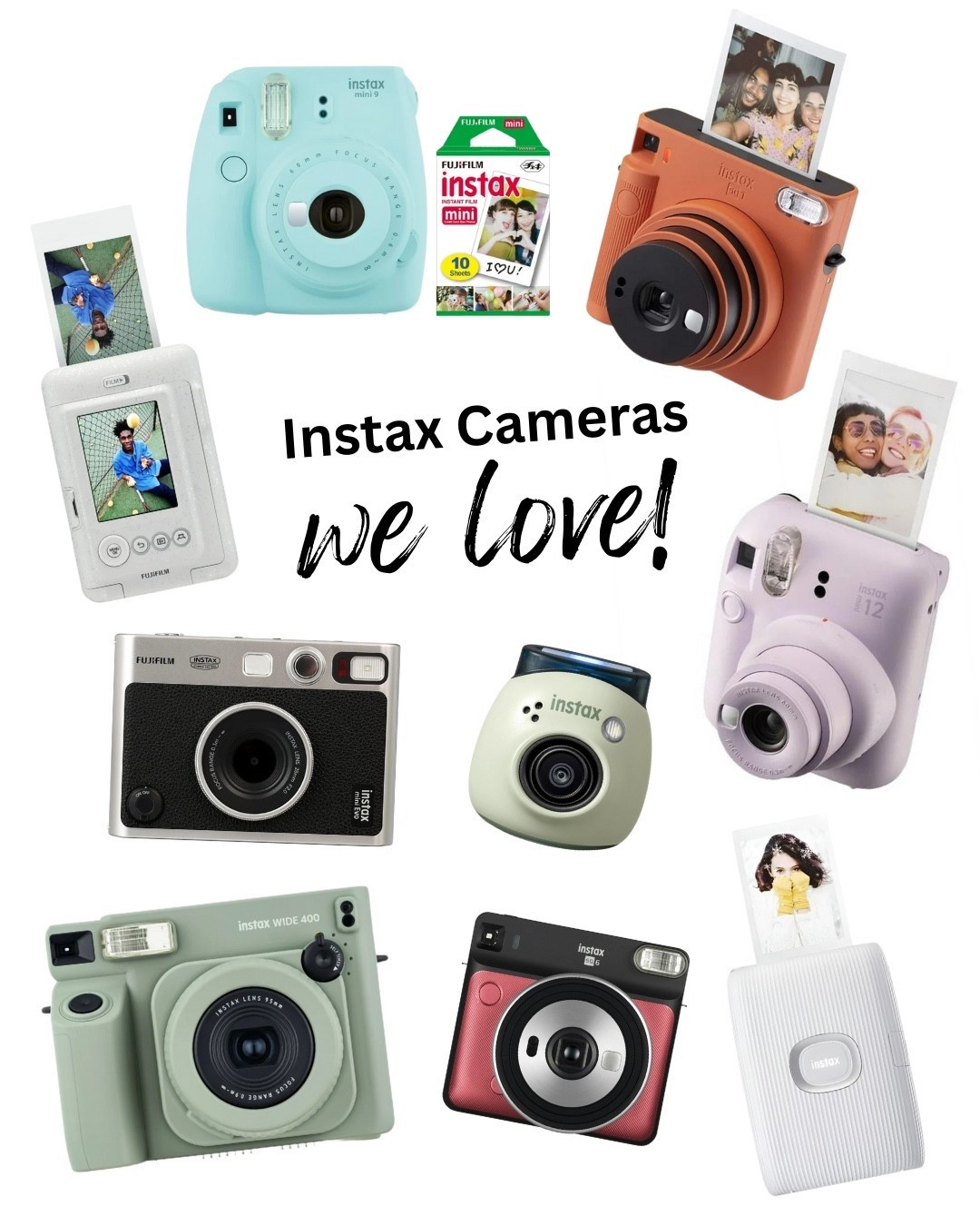 FujiFilm is one of our favorite film and camera brands, so it should come as no surprise we’ve made ourselves veryyyy familiar with their vast array of cameras & films, especially of the Instax variety!!! 

Instax cameras & film are known for user friendliness, portability, & FUN! Perfect for scrapbooking, guest books, and just general tangible memory-keeping (lots of these cameras are hybrid and save a digital copy of your photo as well as printing an instant film version and I’m OBSESSED!) 