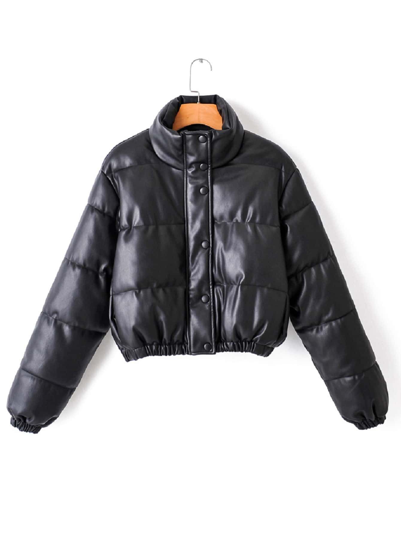 Zip Up Crop PU Leather Puffer Jacket | SHEIN