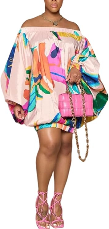LETSVDO Womens Off The Shoulder Mini Dress Sexy Long Sleeve Floral Printed Bubble Short Dresses P... | Amazon (US)