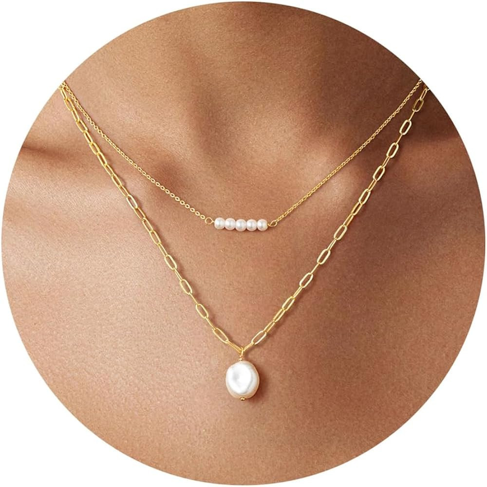 Yoosteel Pearl Necklace for Women,14K-Gold-Plated Pearl Pendant Necklaces Minimalist Women Pearls... | Amazon (US)