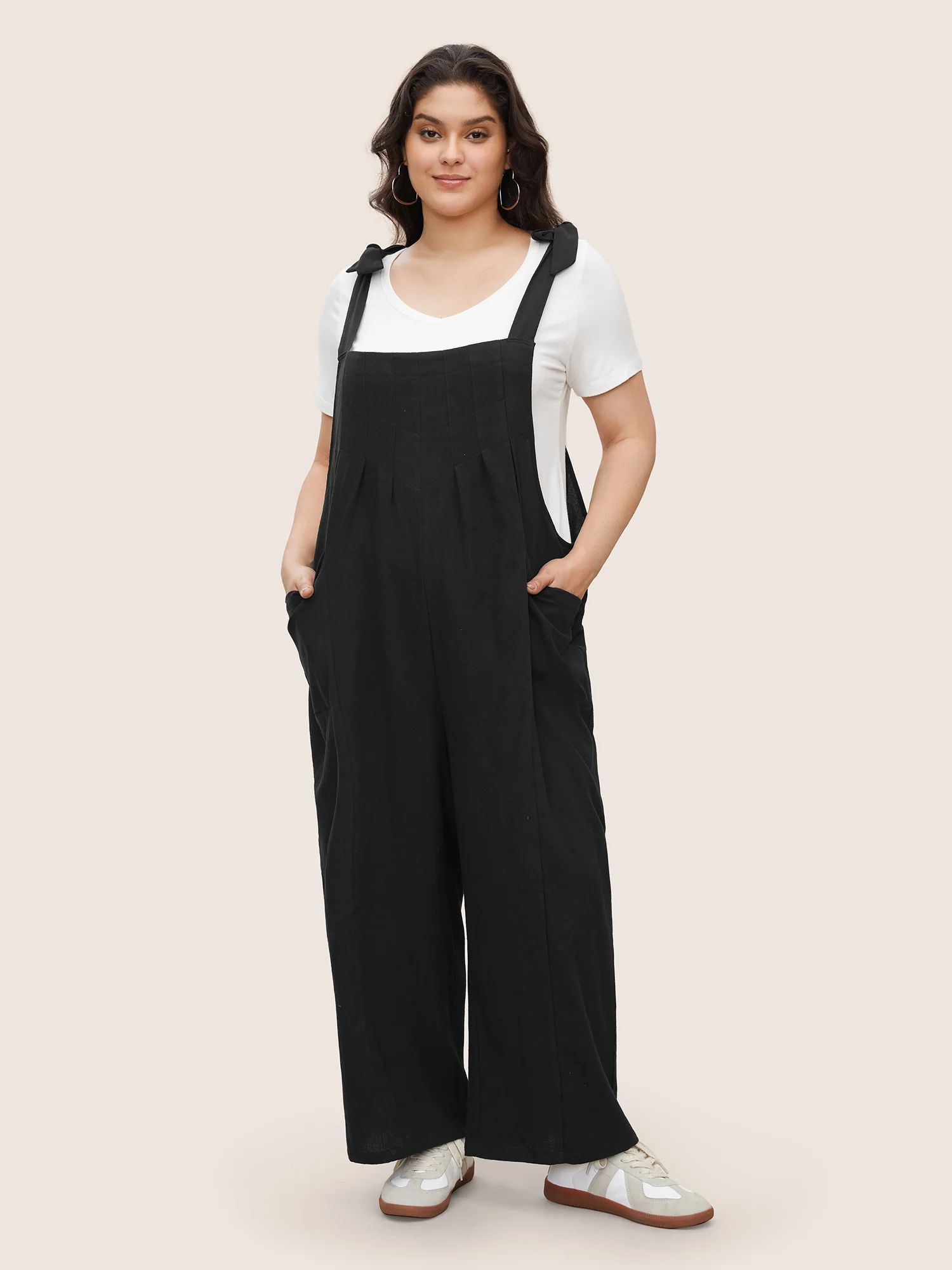 Solid Pleated Detail Pocket Knotted Shoulder Overall Jumpsuit | Bloomchic
