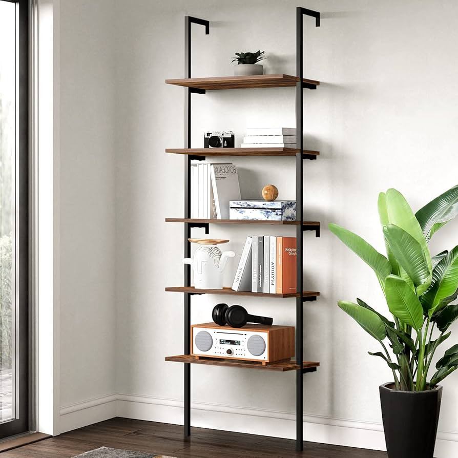 HITIK 5 Tier Wall Mounted Bookshelf, 72 Inches Tall Ladder Shelf with Metal Frame and Wood Board,... | Amazon (US)
