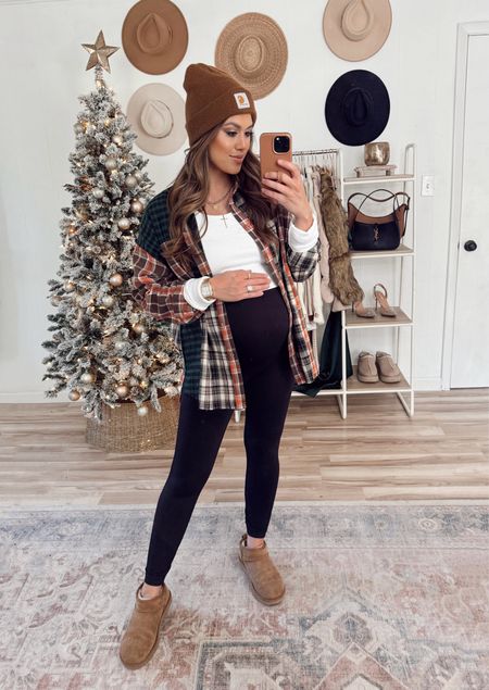 Cute and comfy plaid flannel Fall/Winter outfit inspo 

Bump style 
Maternity leggings 
Beanie 
Uggs 

#LTKbump #LTKHoliday #LTKSeasonal