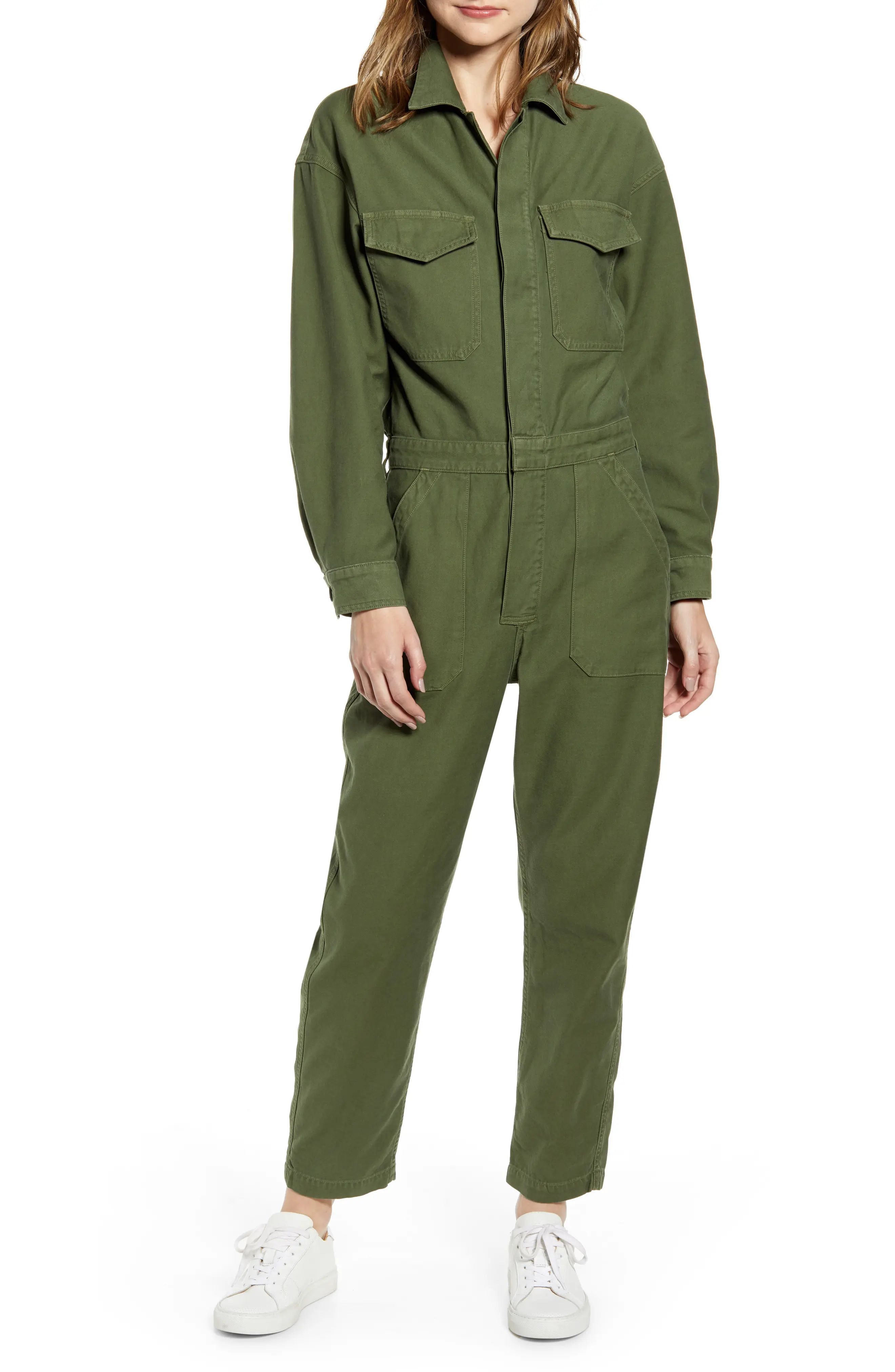 Women's Citizens Of Humanity Marta Long Sleeve Cotton Twill Utility Jumpsuit, Size Large - Green | Nordstrom