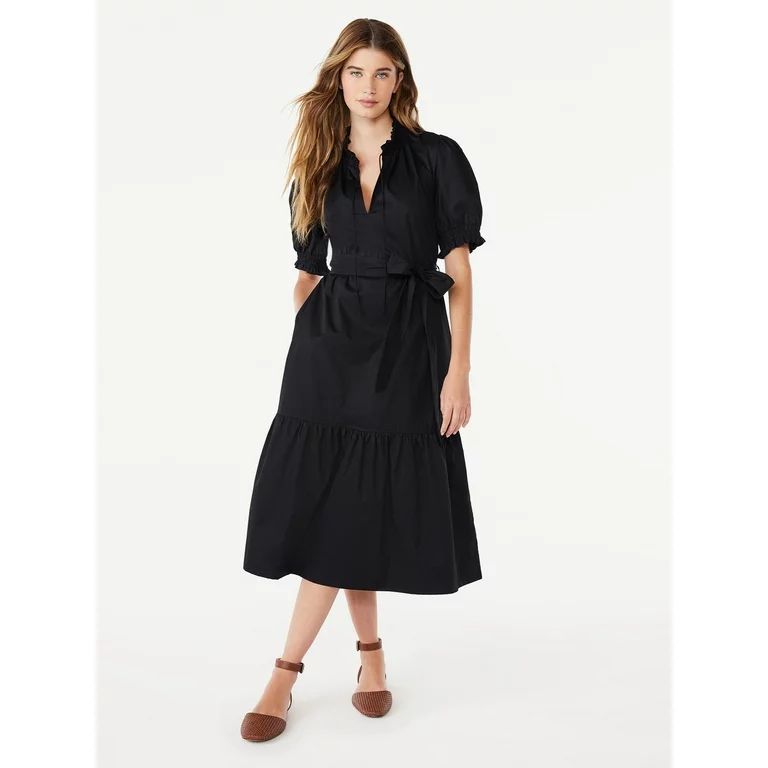 Free Assembly Women's Ruffle Neck Belted Midi Dress with Short Sleeves, Size XS-XXL | Walmart (US)