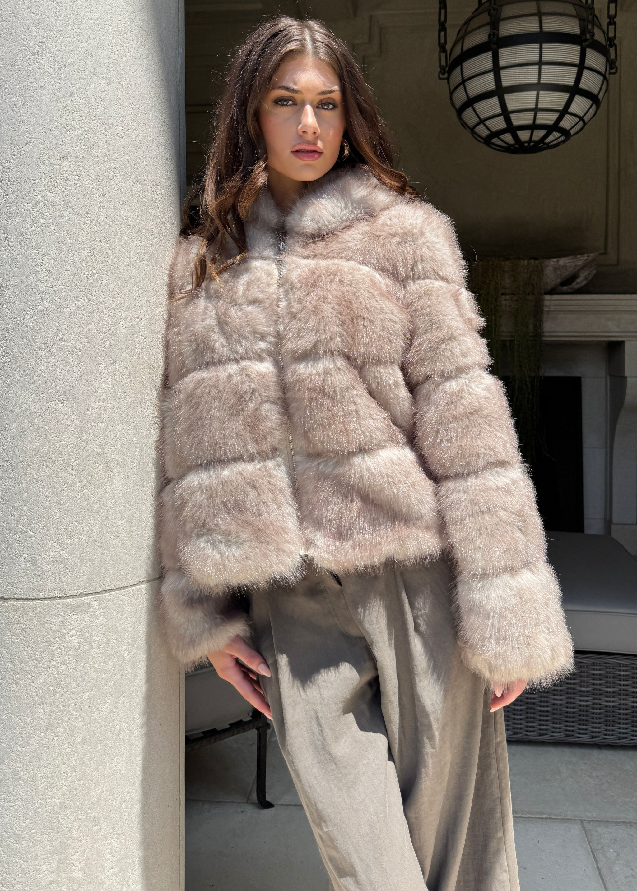 Marcella Puffer Style Faux Fur Hooded Zip Up Jacket - Light Brown | Benaar La