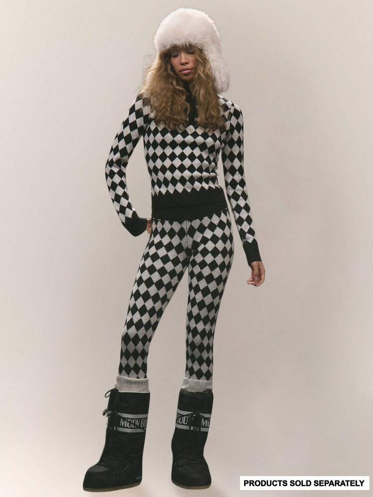 MUSERA Thick Ribbed Zip Through Waistband Argyle Cross Fitted Knit Leggings Only Winter Ski Vacation Lounge Holidays Spring | SHEIN