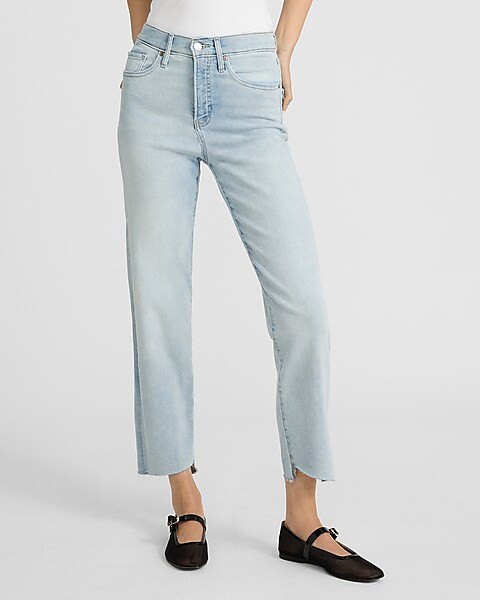 High Waisted Light Wash Raw Hem Straight Ankle Jeans | Express