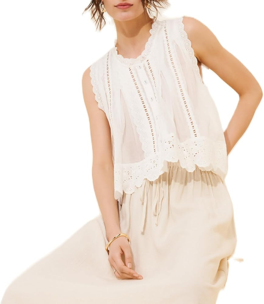 Women Sleeveless Eyelet Top Vintage Lace Patchwork Detail Button Down Vest Top Scallop Hem Beach ... | Amazon (US)