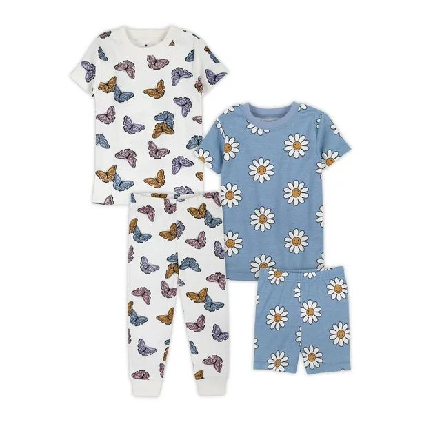 Little Star Organic Baby & Toddler Girls 4Pc Short Sleeve Snug Fit Sleepwear, Size 9 Months-5T | Walmart (US)