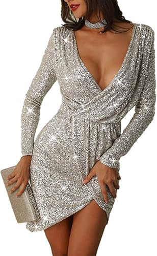 DUBACH Women Plunge Wrap Overlap Sequin Party Dress | Amazon (US)