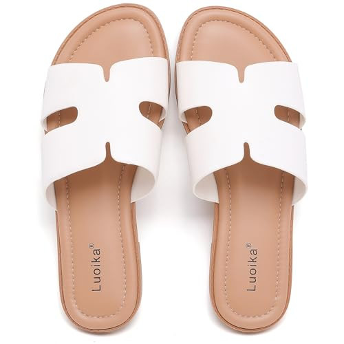 Luoika Women's Wide Width Flat Slides Sandals, Casual Comfortable Strap Sandal Summer Beach Dress Shoes for Women. 250775 White 8.5XW | Amazon (US)