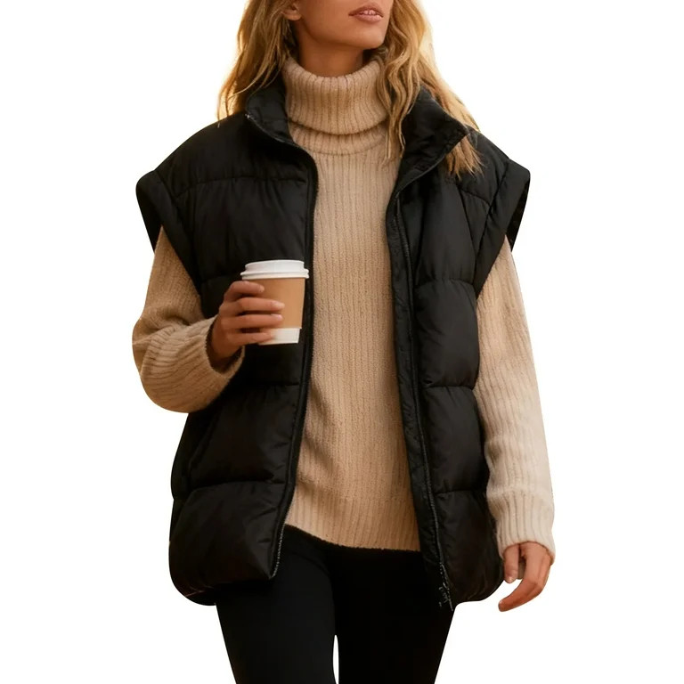 Fanient Womens Oversized Puffer Vest Sleeveless Zip Up Padded Jacket Vest Lightweight Winter Coat... | Walmart (US)