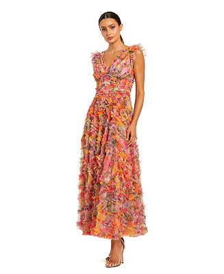 Women's Floral Mesh Ruffle V Neck Ankle Dress | Macy's