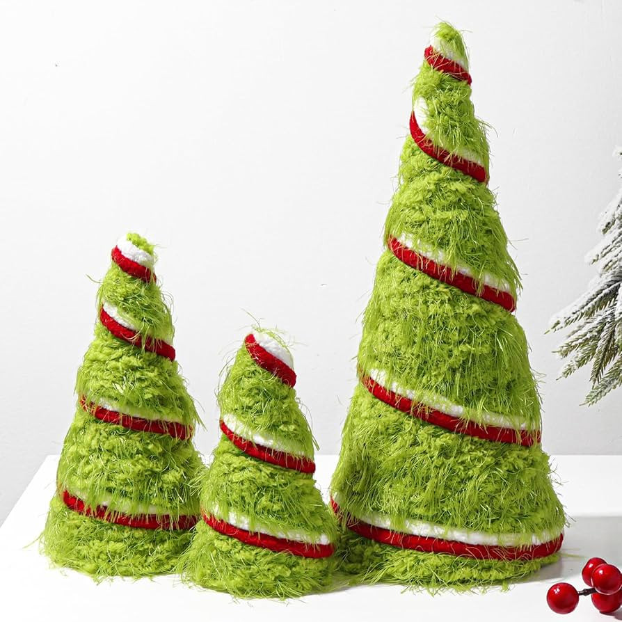 Grinchmas Christmas Decorations, 3Pcs Green Christmas Cone Tree Plush Fur Swirl Surface Cone Chri... | Amazon (US)