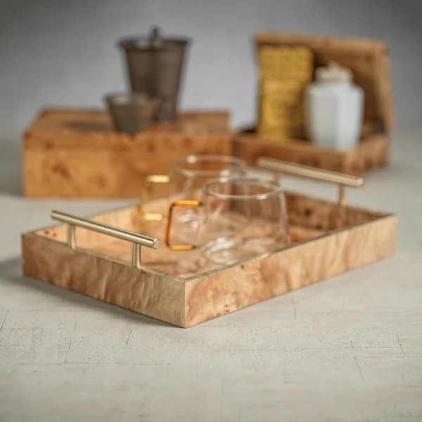 Dubbo Burl Wood Rectangular Tray with Gold Handles | Bed Bath & Beyond
