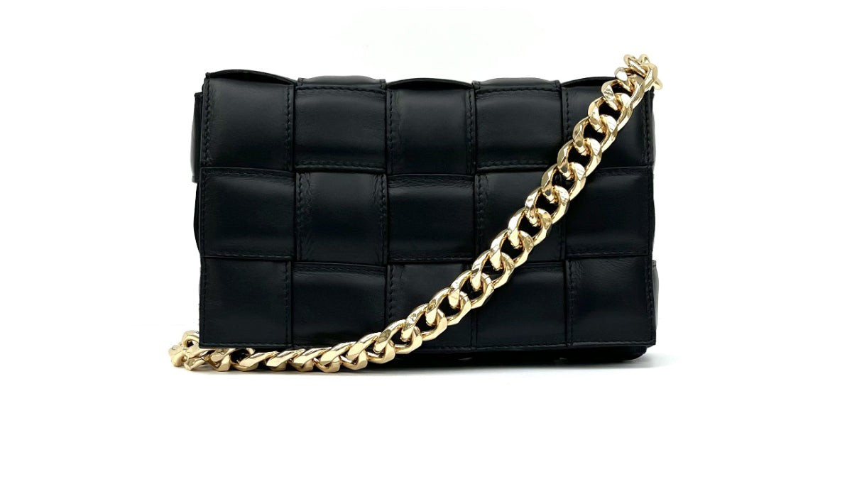 Black Padded Woven Leather Crossbody Bag With Gold Chain Strap | Apatchy London