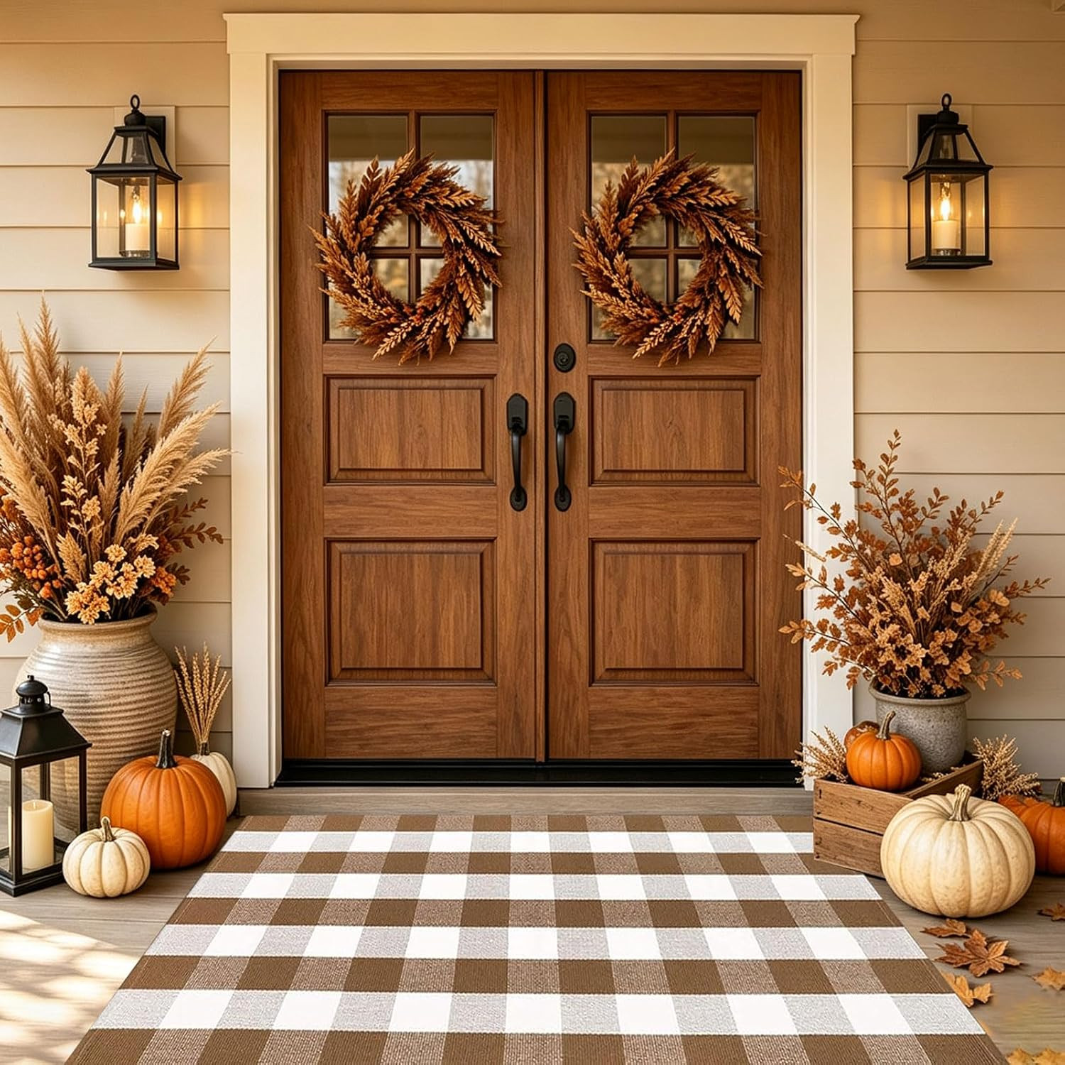 Fall Door Mat 3'x5'Brown and White Buffalo Plaid Rug Fall Front Porch Decor | Amazon (US)