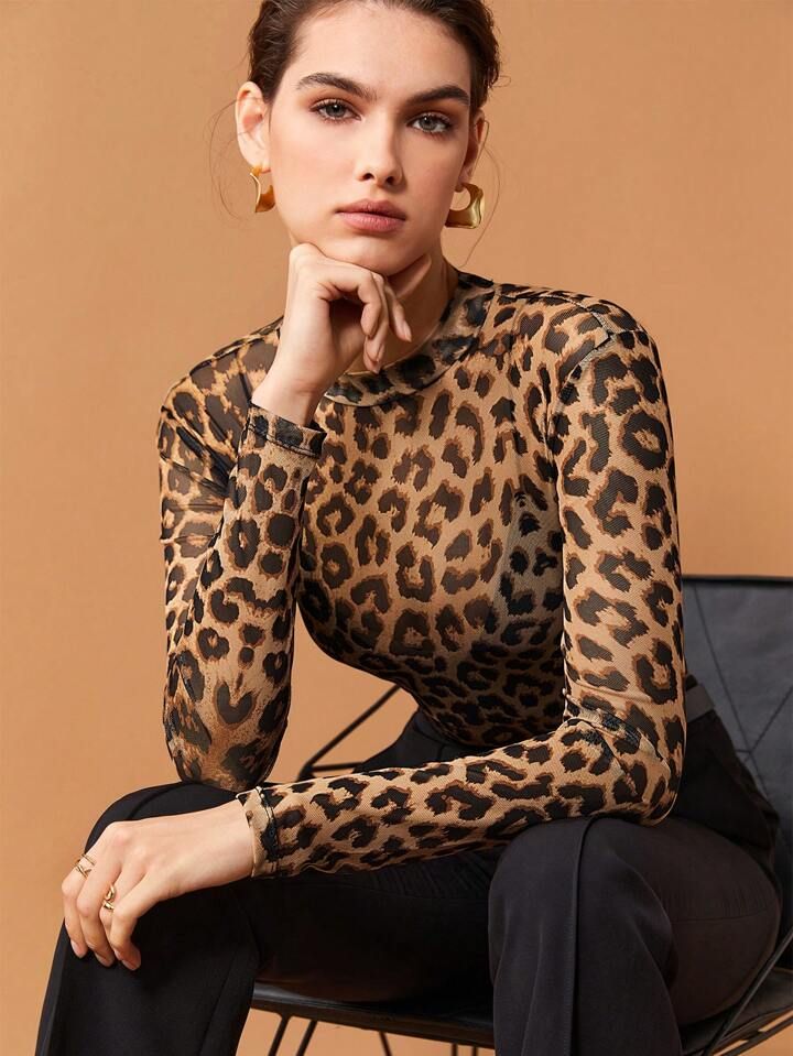 SHEIN BIZwear Leopard Print Mesh Top Without Bra | SHEIN