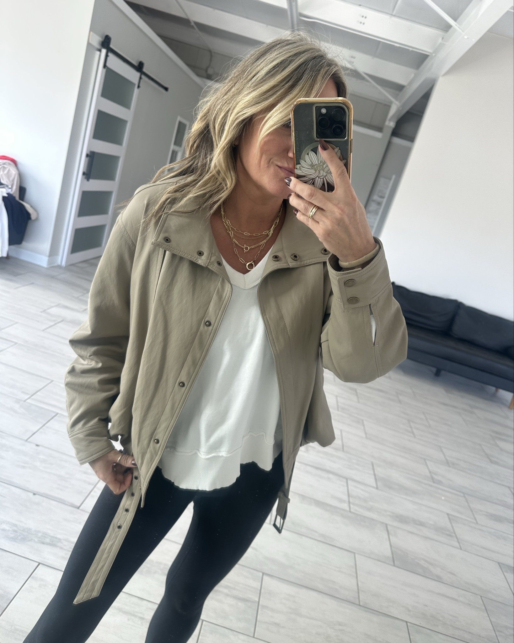 Found the cutest bubble hem belted jacket — super soft faux leather and love the color! Love how it dresses up a comfy outfit. But also can be worn dressed up. Wearing a size medium. 

AE oversize vneck tee 

My fave look for less leggings 

My newest necklace stack. 

And ya know these shoes see my newest obsession. Fit TTS 

#LTKmomlife