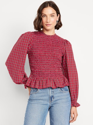 Long-Sleeve Plaid Smocked Top | Old Navy (US)