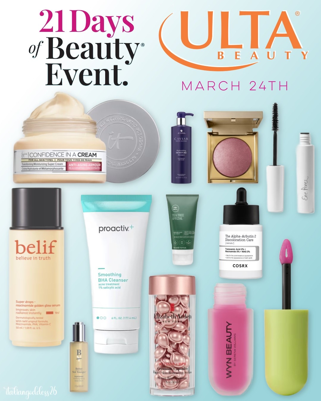Ulta’s 21 Days of Beauty Sale ~ 50% off select must-have items, daily! 

March 24th - 

*IT Cosmetics Confidence in a Cream Anti-Aging Hydrating Moisturizer
*Alterna shampoos and conditioner
*Stila highlighters
*WYN BEAUTY No Words Needed Lip Serum
*Ere Perez select mascaras
*select Paul Mitchell
*select Better Not Younger
*belif Super Drops Niacinamide and Vitamin C Golden Glow Serum
*Proactiv+ Smoothing BHA Cleanser
*Elizabeth Arden Retinol + HPR Ceramide Capsules Rapid Skin Renewing Serum
*COSRX The Alpha-Arbutin 2 Discoloration Care Serum 


#LTKSeasonal #LTKOver40 #LTKSaleAlert #LTKFindsUnder50 #LTKFindsUnder100 #LTKStyleTip #LTKBeauty #LTKTravel 