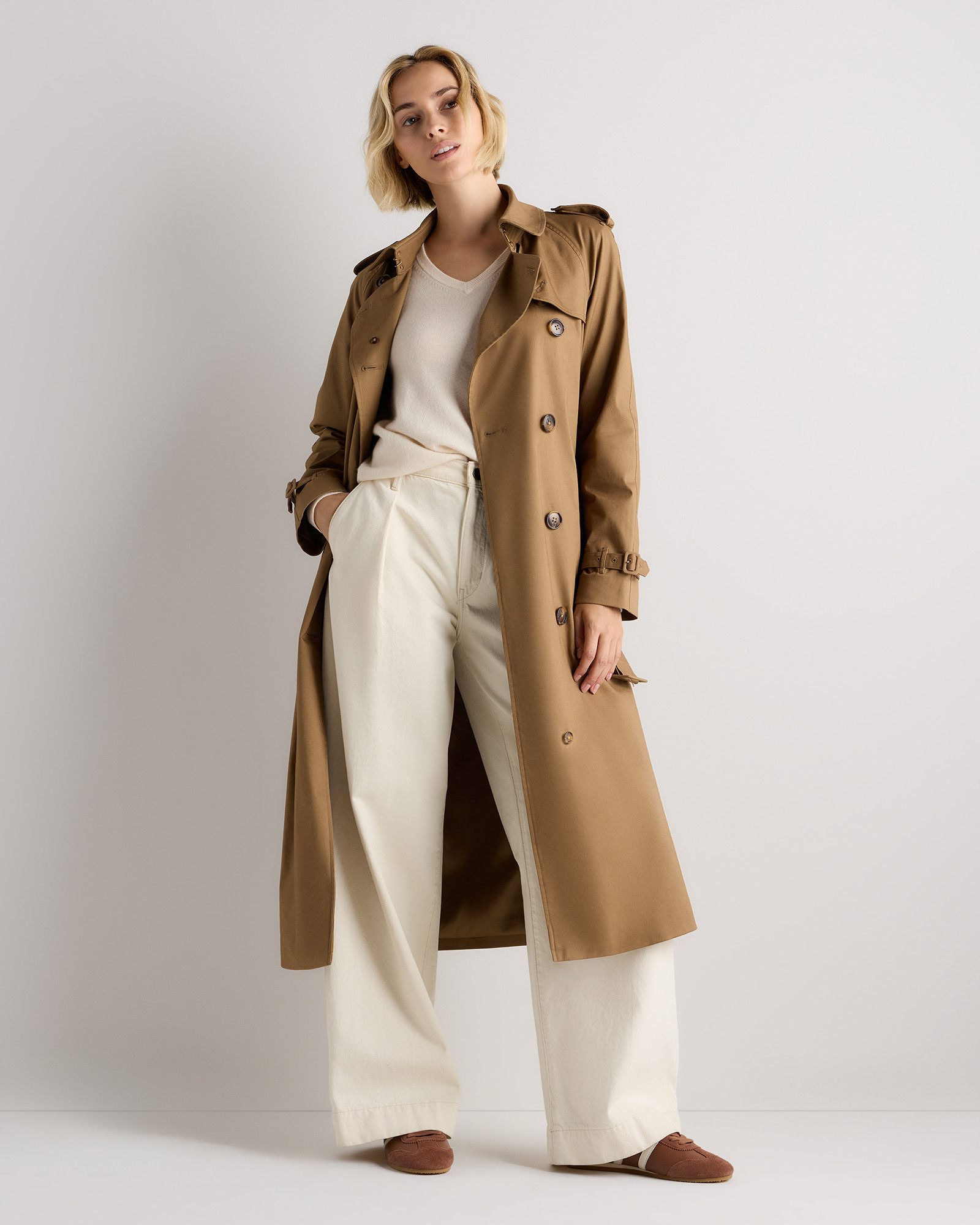 Quince | Women's Comfort Stretch Long Trench Coat in Midnight Black, Size XL, Organic Cotton | Quince