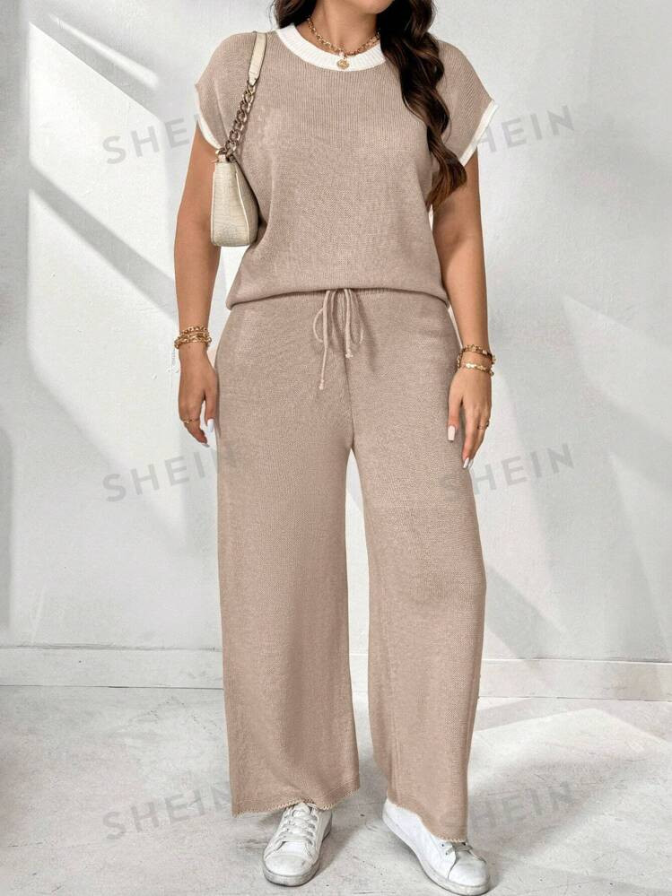 SHEIN Essnce Plus Size Summer Casual Tipped Sweater Vest And Pants Set | SHEIN USA | SHEIN